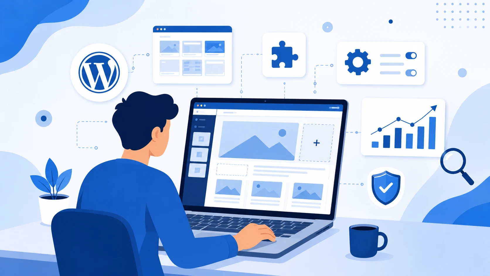 WordPress website development illustration showing themes, plugins, and SEO tools