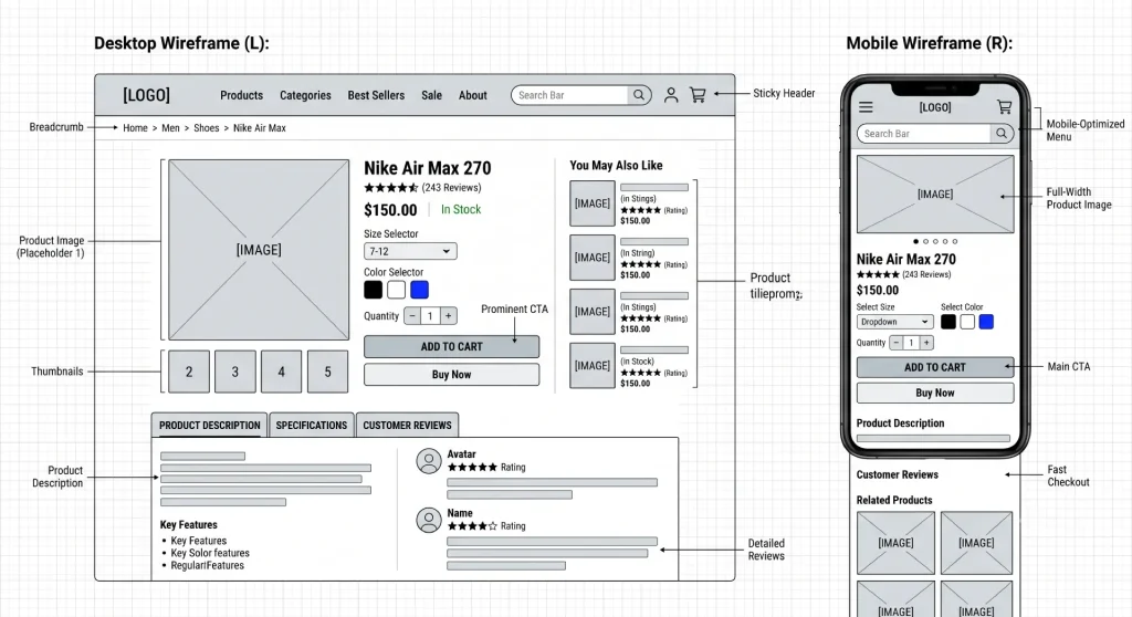 High-converting ecommerce website design wireframe showing product display, navigation, and mobile layout